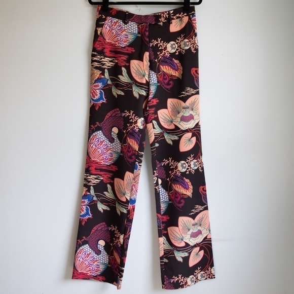 Etro black asian theme print wool straight leg pants-42